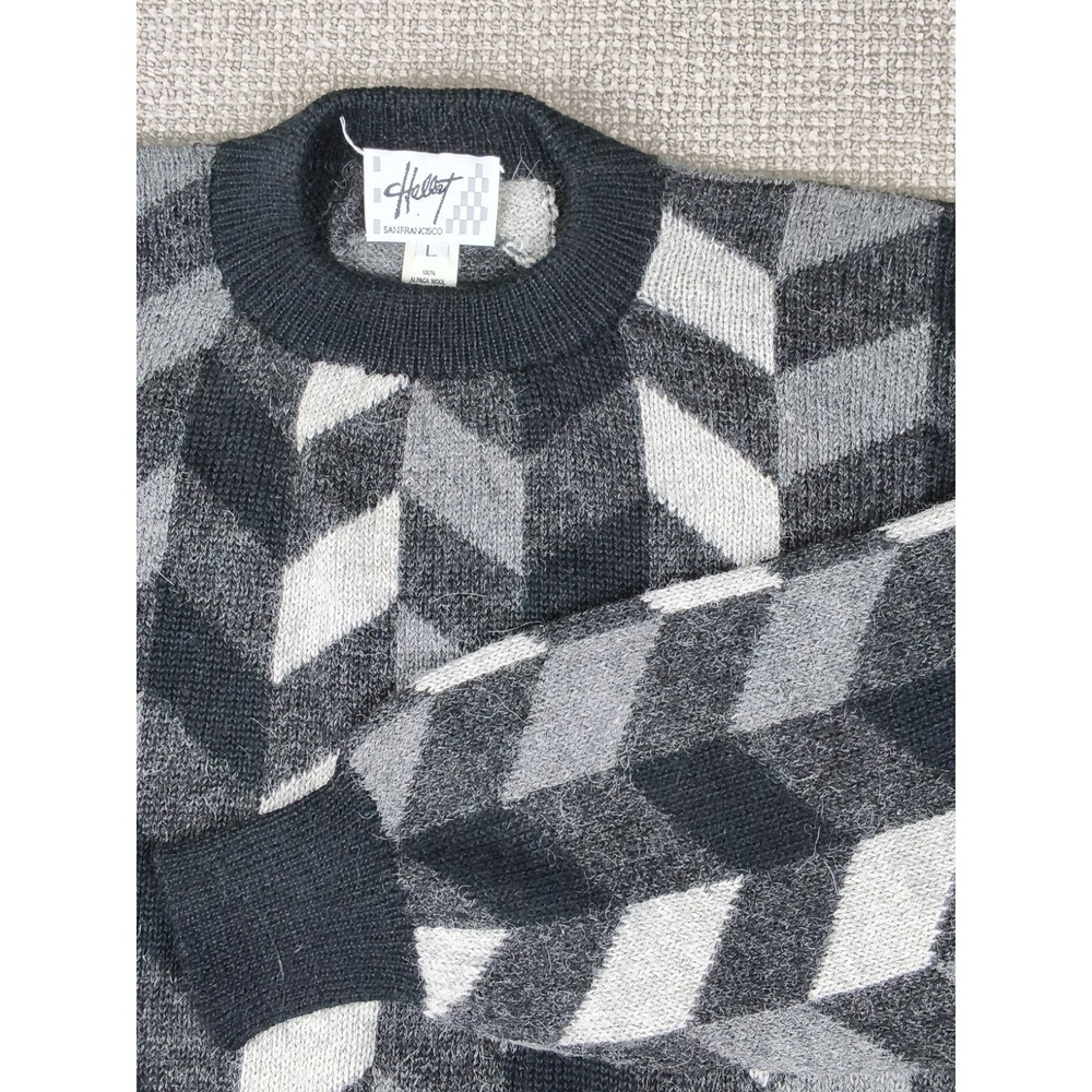 Vintage Hallet San Francisco Alpaca Wool Sweater Geometric Gray Black Large
